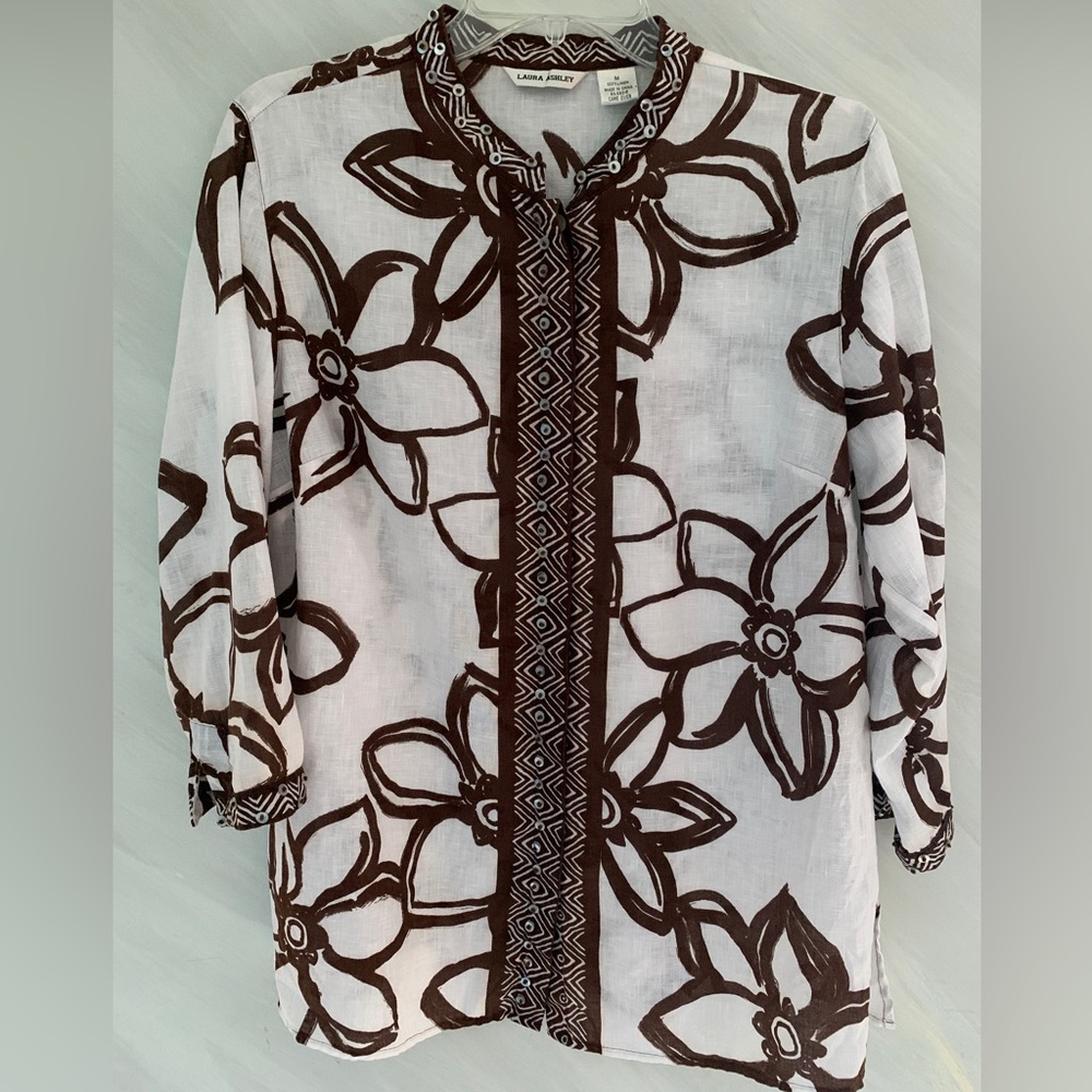 Laura Ashley Women’s M White/Brown 3/4 Sleeve 100% Linen Beaded Tunic Blouse